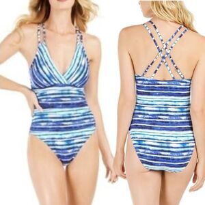 NWT La Blanca Serene stripe tummy control,with underwire and cross back in blue